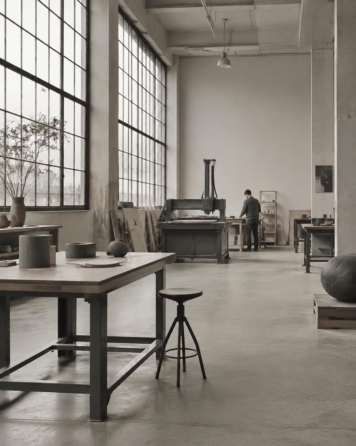 Nordic industrial workshop in soft daylight