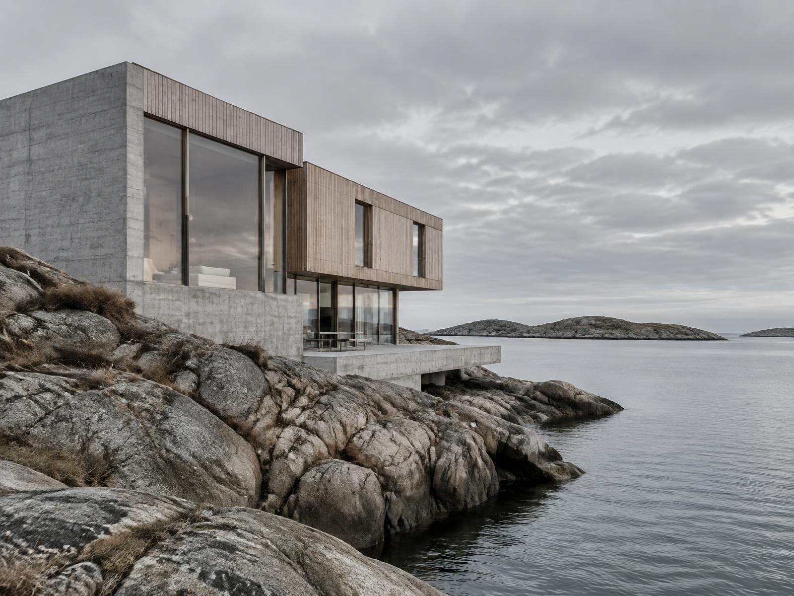 Contemporary Nordic concrete and timber building on a rocky coastline