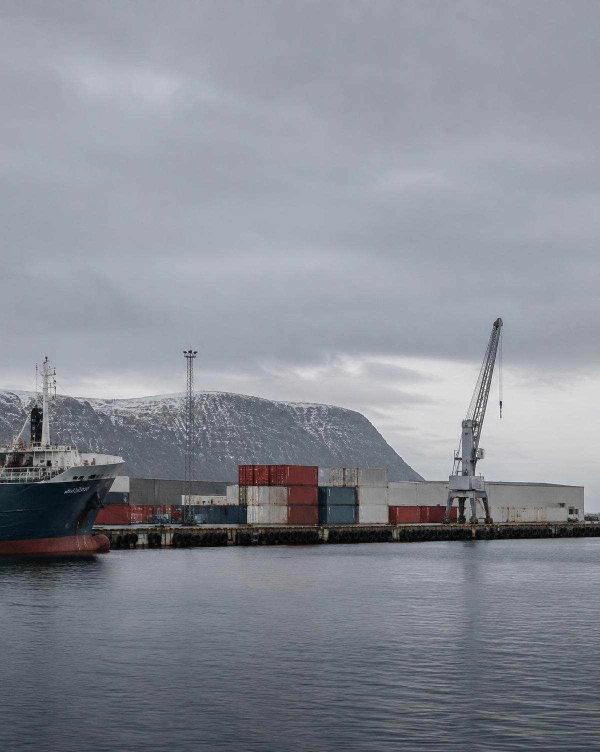 Nordic working harbour under flat grey light
